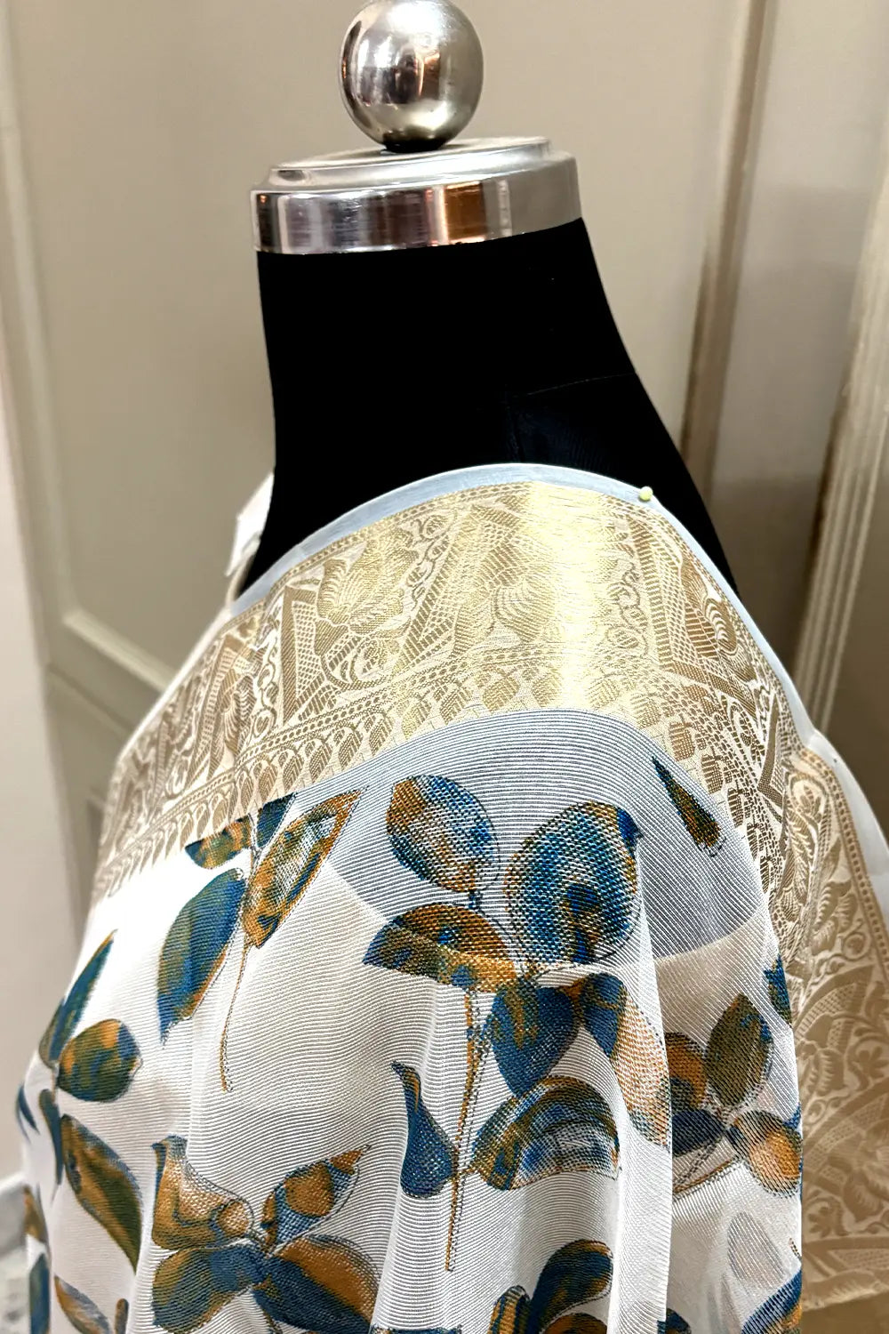 White Blue Printed Muga Silk Banarasi Saree