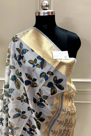 White Blue Printed Muga Silk Banarasi Saree