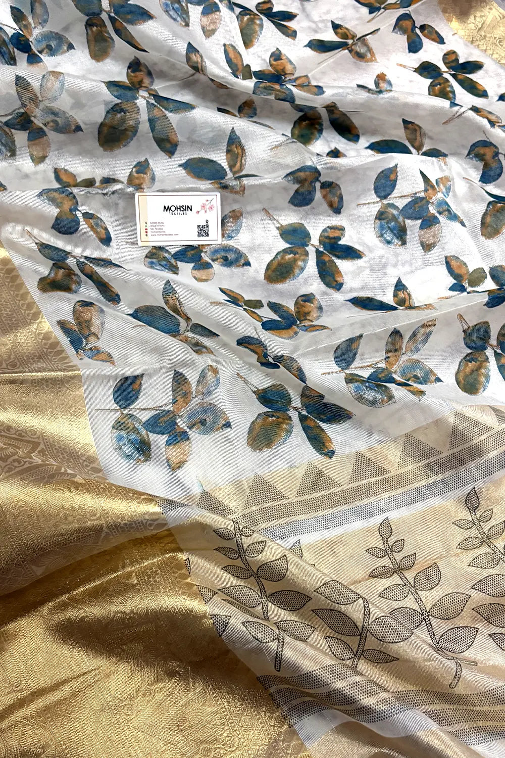 White Blue Printed Muga Silk Banarasi Saree