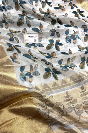 White Blue Printed Muga Silk Banarasi Saree