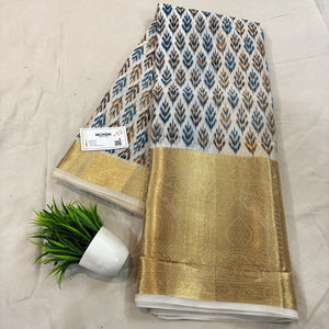 White Blue Printed Muga Silk Banarasi Saree