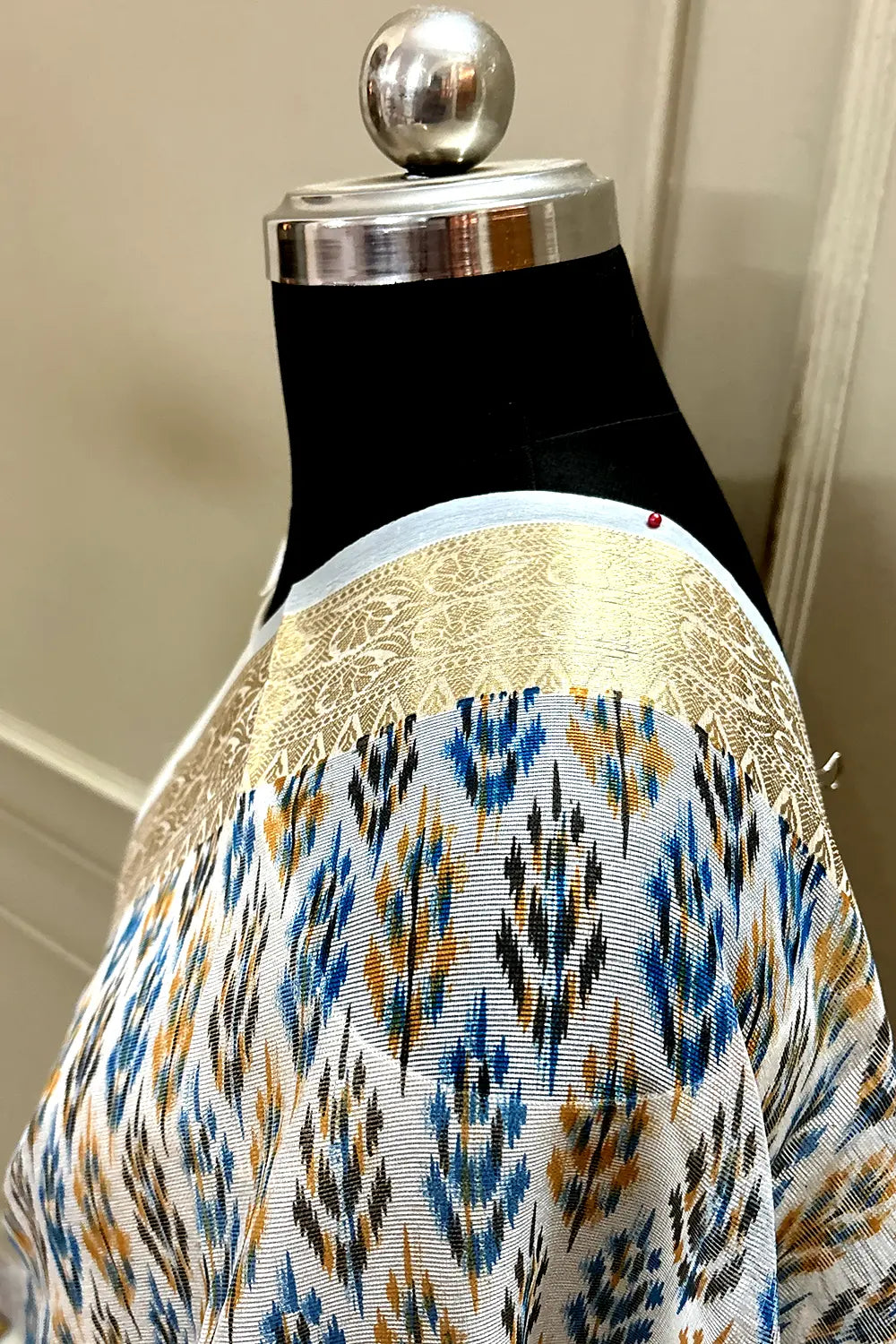 White Blue Printed Muga Silk Banarasi Saree