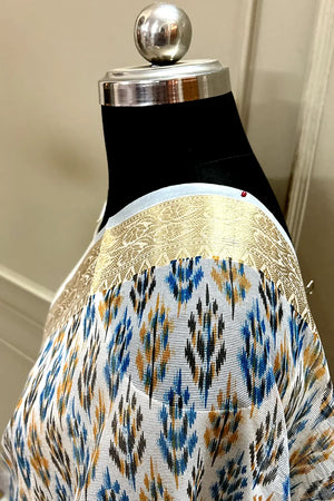 White Blue Printed Muga Silk Banarasi Saree