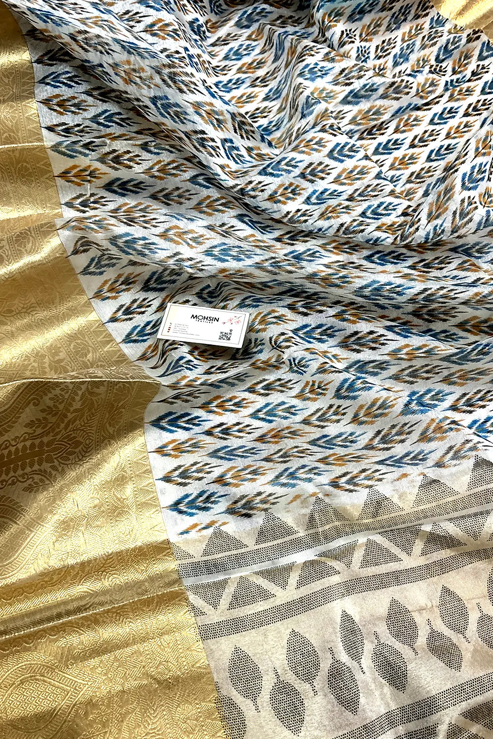 White Blue Printed Muga Silk Banarasi Saree