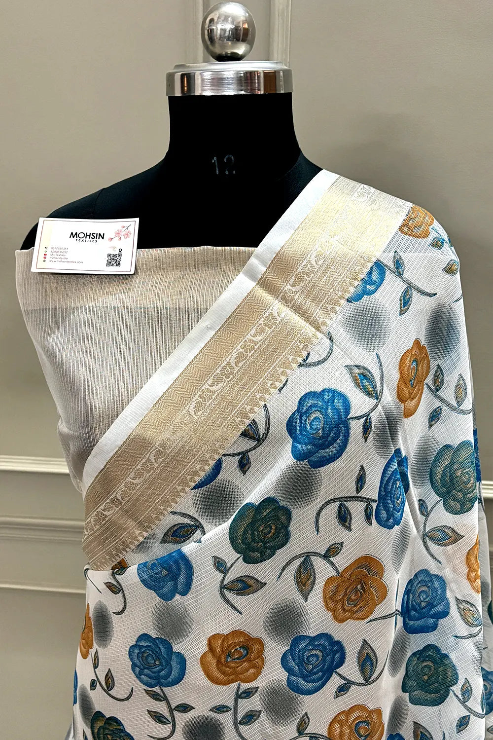 White Blue Printed Muga Silk Banarasi Saree