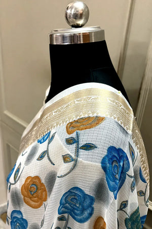 White Blue Printed Muga Silk Banarasi Saree