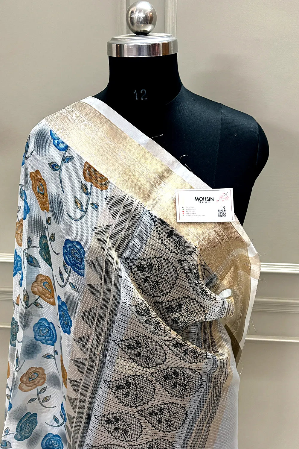 White Blue Printed Muga Silk Banarasi Saree