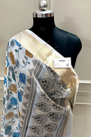 White Blue Printed Muga Silk Banarasi Saree