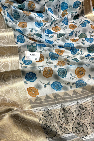 White Blue Printed Muga Silk Banarasi Saree