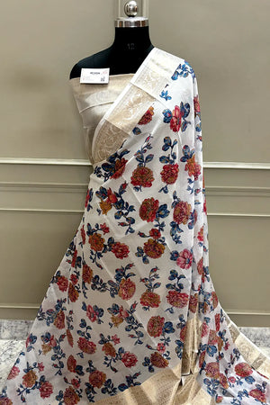 White Blue Printed Muga Silk Banarasi Saree