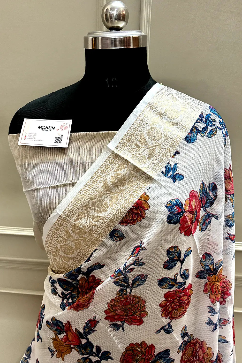 White Blue Printed Muga Silk Banarasi Saree