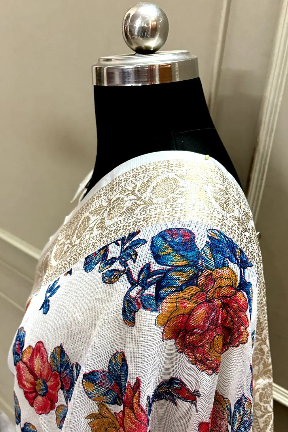 White Blue Printed Muga Silk Banarasi Saree