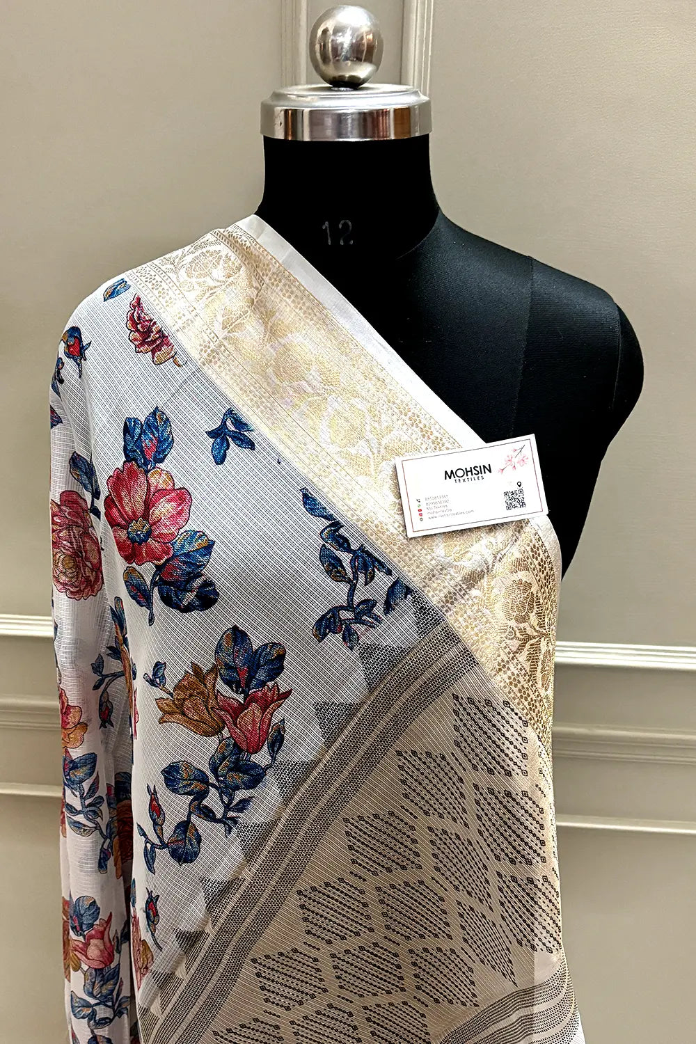 White Blue Printed Muga Silk Banarasi Saree