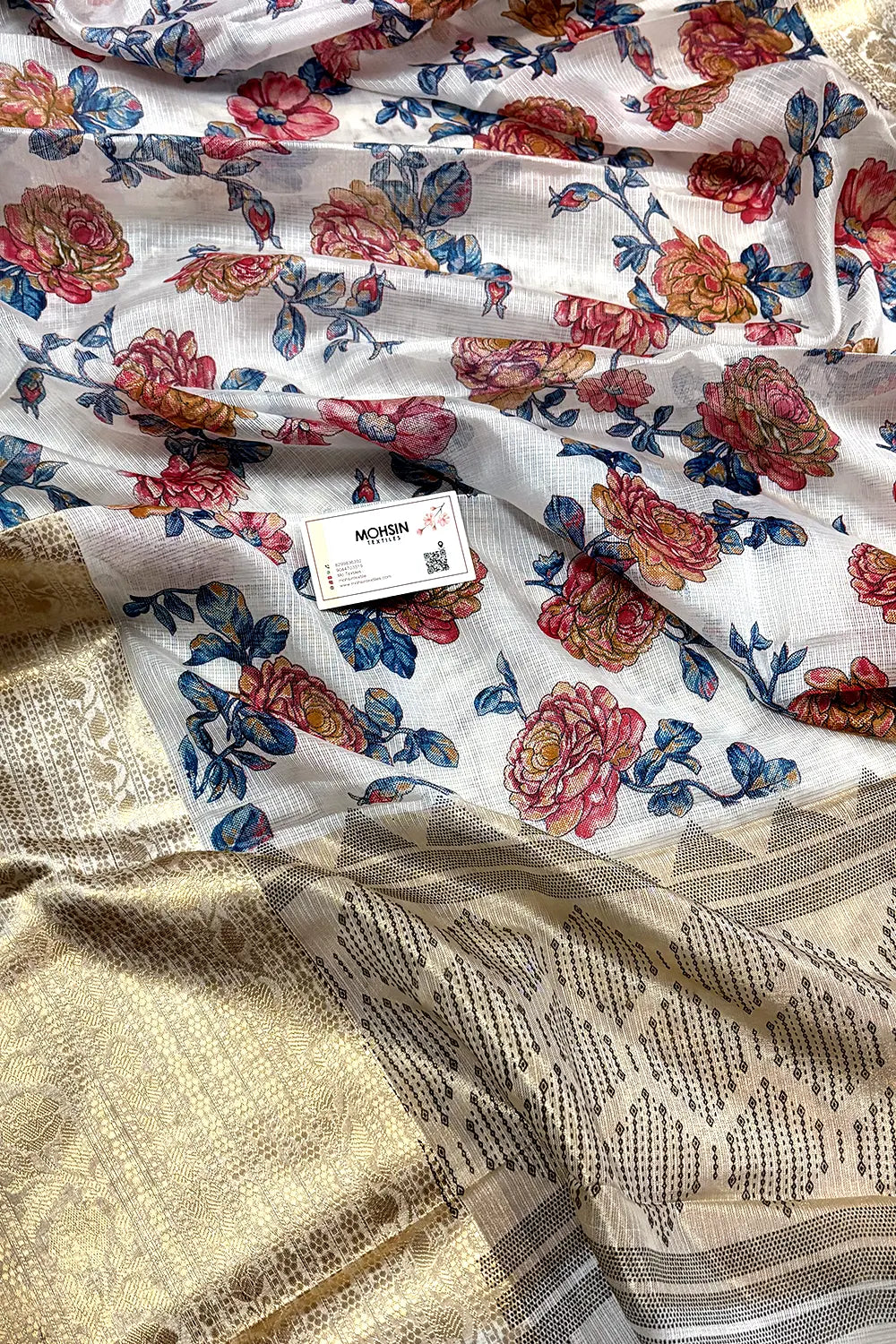 White Blue Printed Muga Silk Banarasi Saree