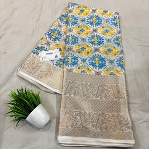White Blue Printed Muga Silk Banarasi Saree