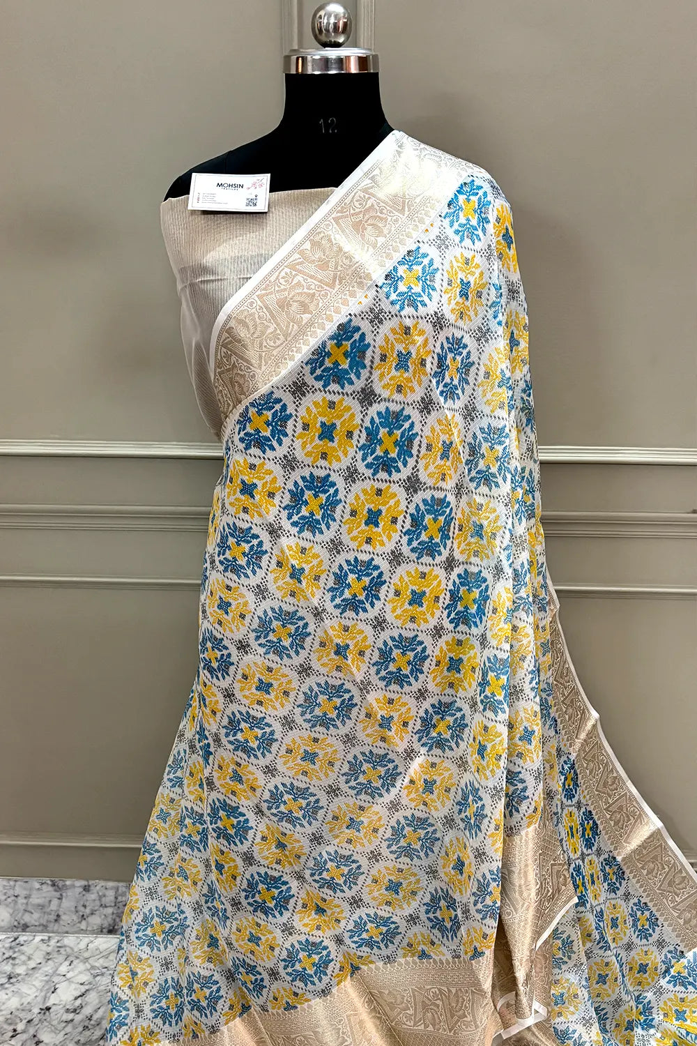 White Blue Printed Muga Silk Banarasi Saree