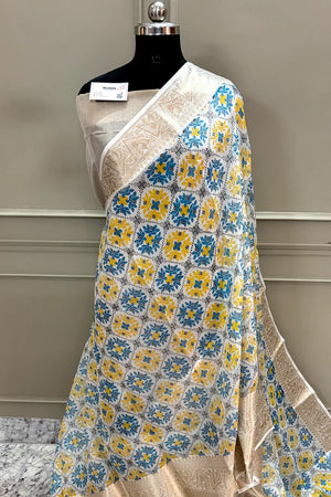 White Blue Printed Muga Silk Banarasi Saree