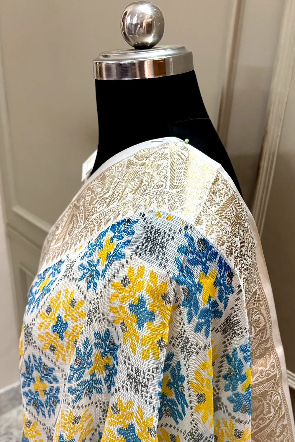White Blue Printed Muga Silk Banarasi Saree