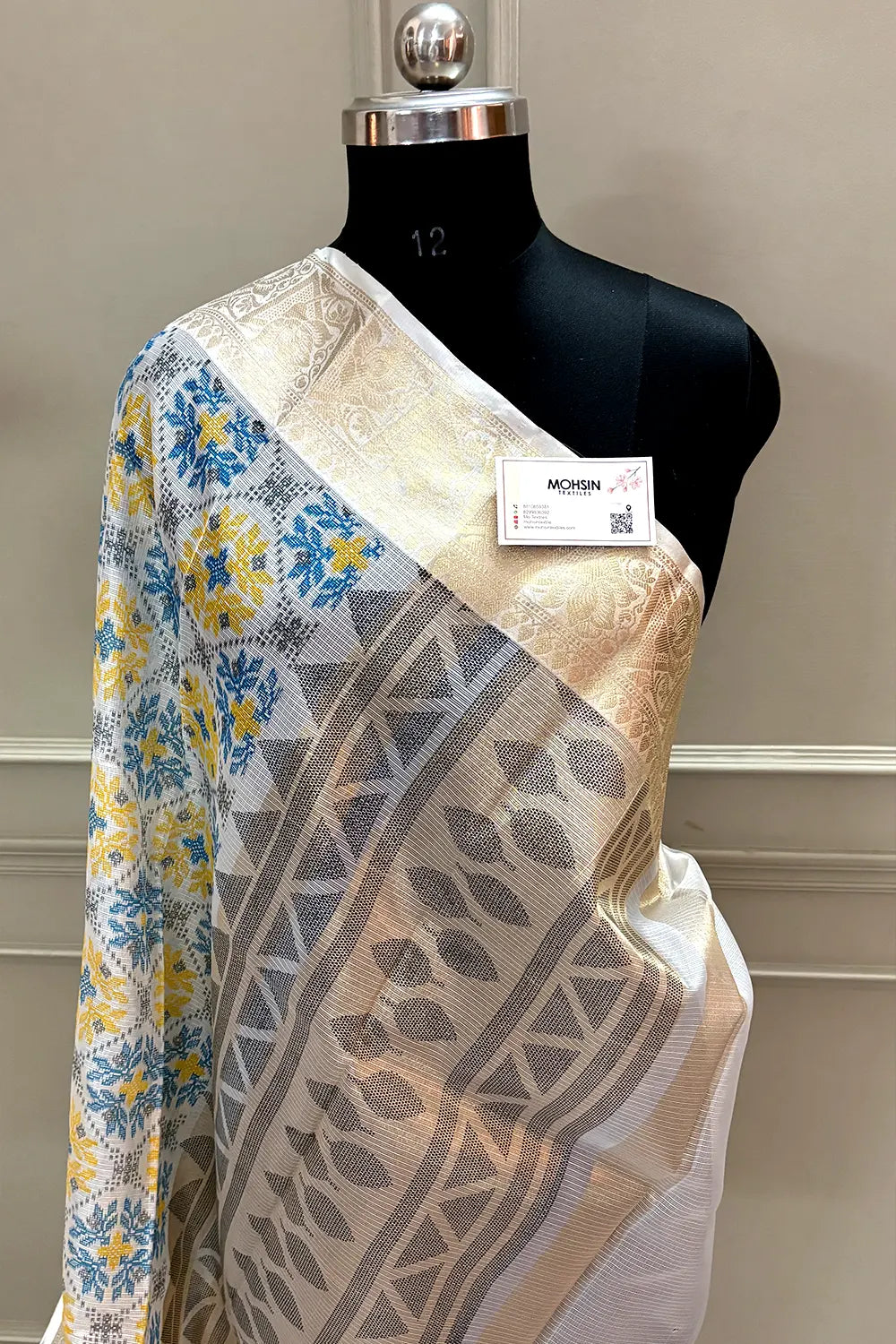 White Blue Printed Muga Silk Banarasi Saree