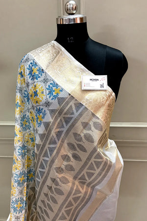 White Blue Printed Muga Silk Banarasi Saree