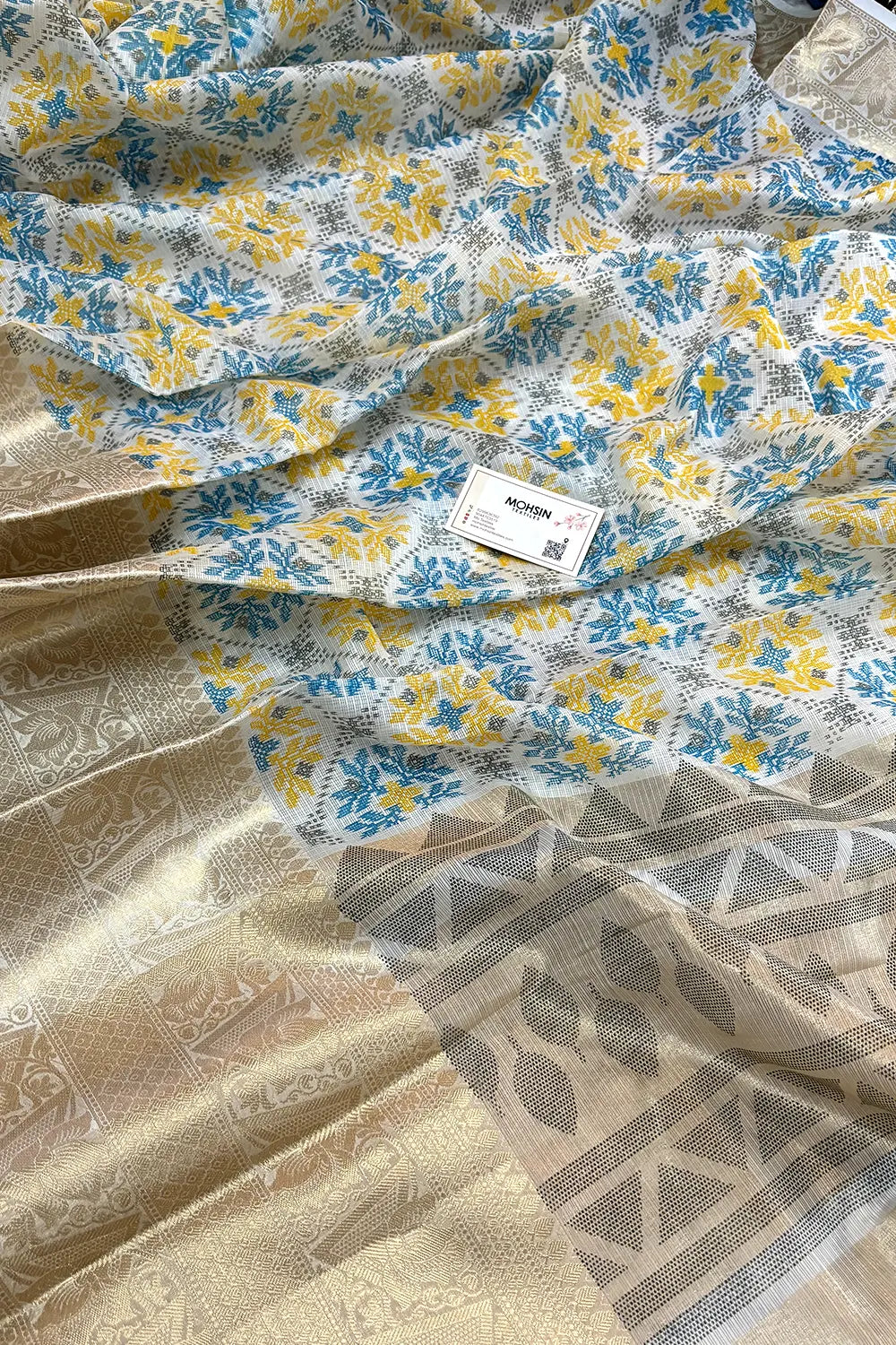 White Blue Printed Muga Silk Banarasi Saree