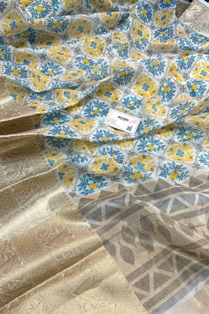 White Blue Printed Muga Silk Banarasi Saree