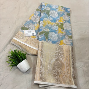 White Blue Printed Muga Silk Banarasi Saree