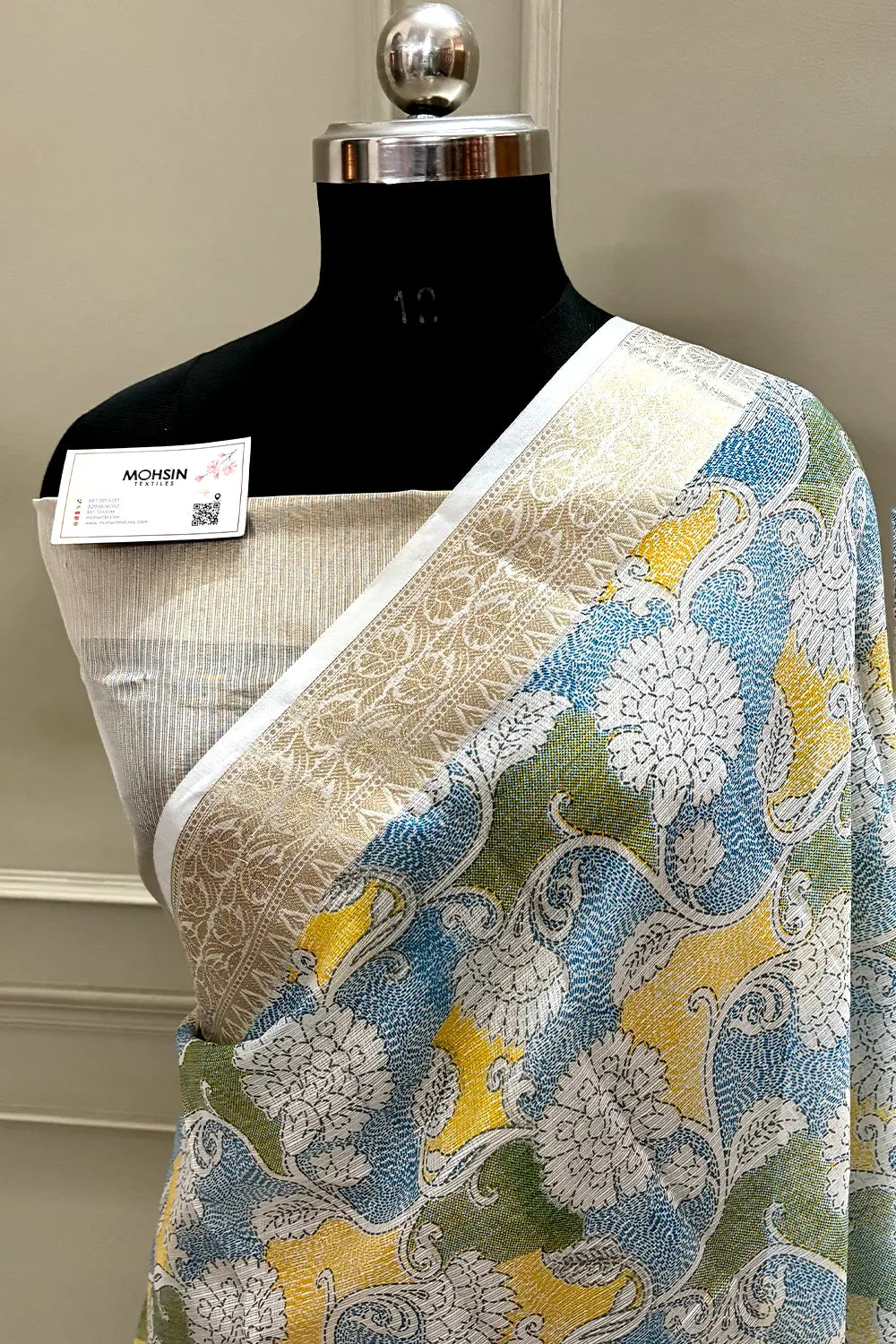 White Blue Printed Muga Silk Banarasi Saree