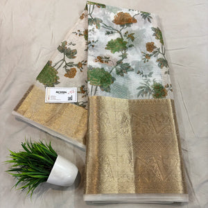 White Green Printed Muga Silk Banarasi Saree