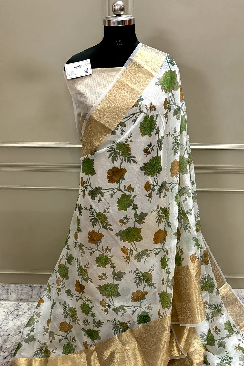 White Green Printed Muga Silk Banarasi Saree