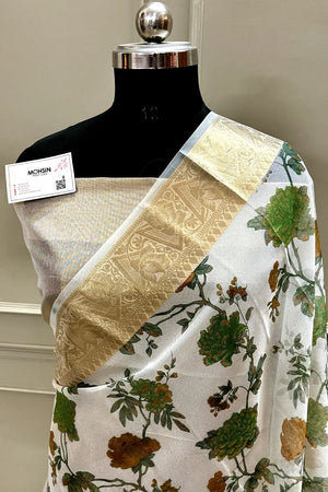 White Green Printed Muga Silk Banarasi Saree