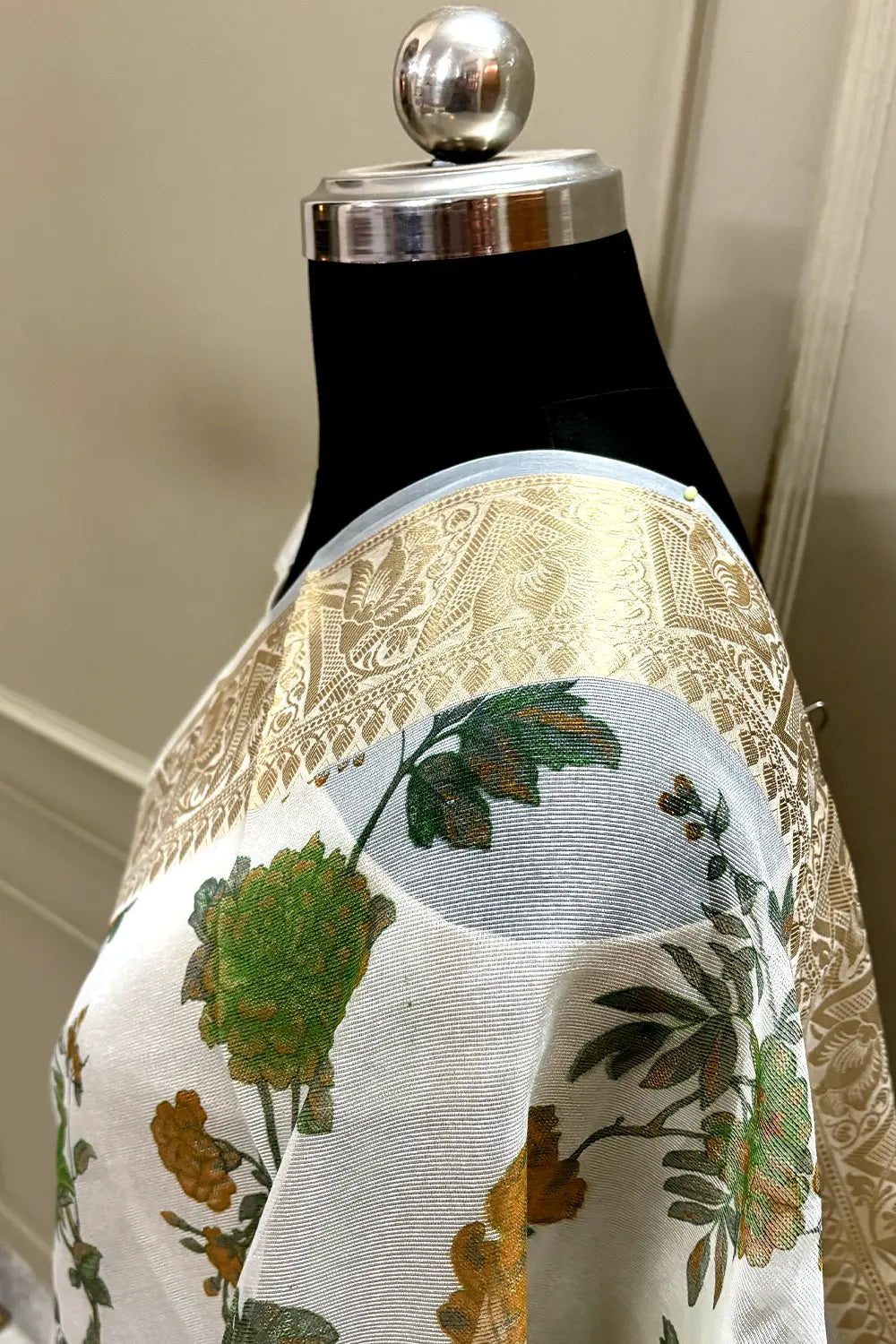 White Green Printed Muga Silk Banarasi Saree