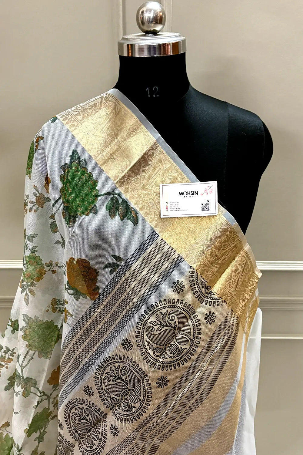 White Green Printed Muga Silk Banarasi Saree