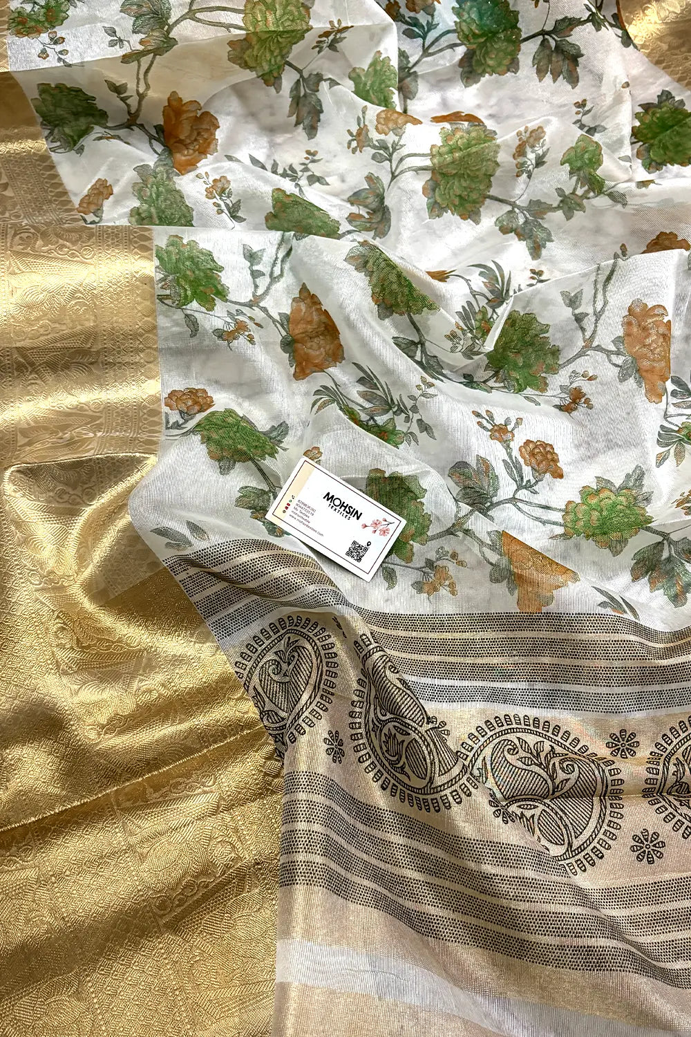 White Green Printed Muga Silk Banarasi Saree