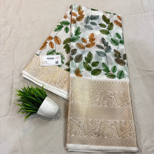 White Green Printed Muga Silk Banarasi Saree