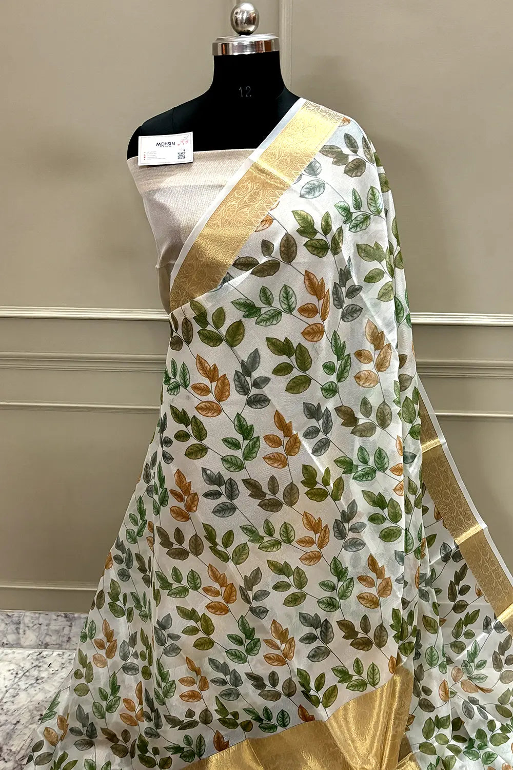 White Green Printed Muga Silk Banarasi Saree