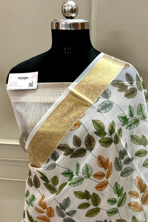 White Green Printed Muga Silk Banarasi Saree