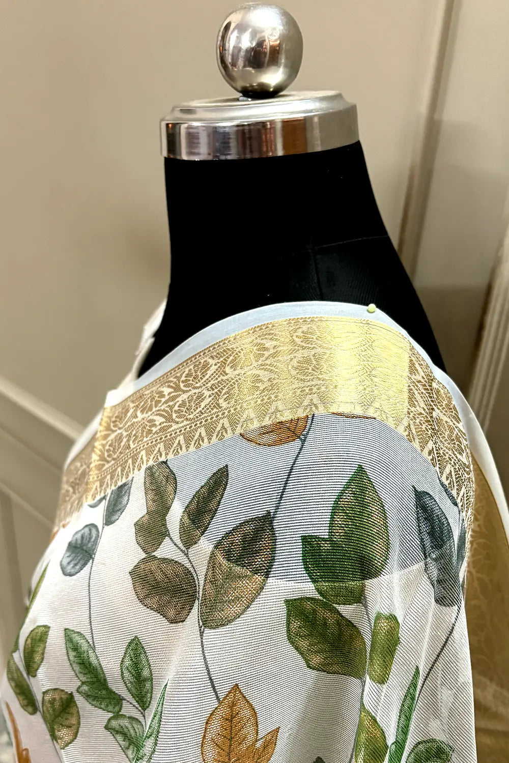 White Green Printed Muga Silk Banarasi Saree