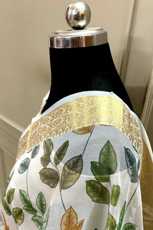 White Green Printed Muga Silk Banarasi Saree