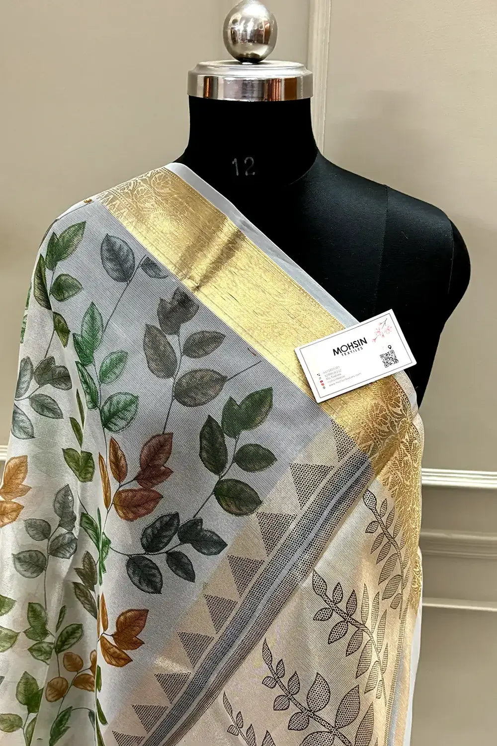 White Green Printed Muga Silk Banarasi Saree