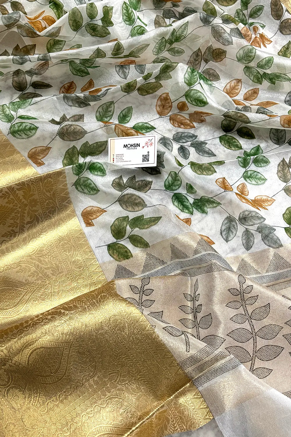 White Green Printed Muga Silk Banarasi Saree