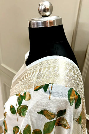 White Green Printed Muga Silk Banarasi Saree