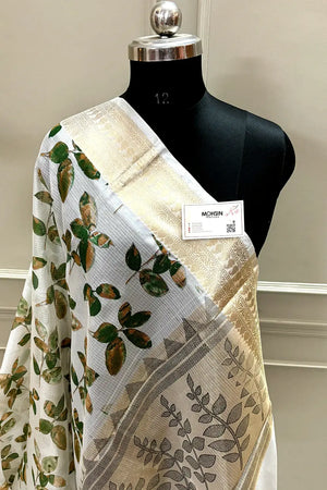 White Green Printed Muga Silk Banarasi Saree