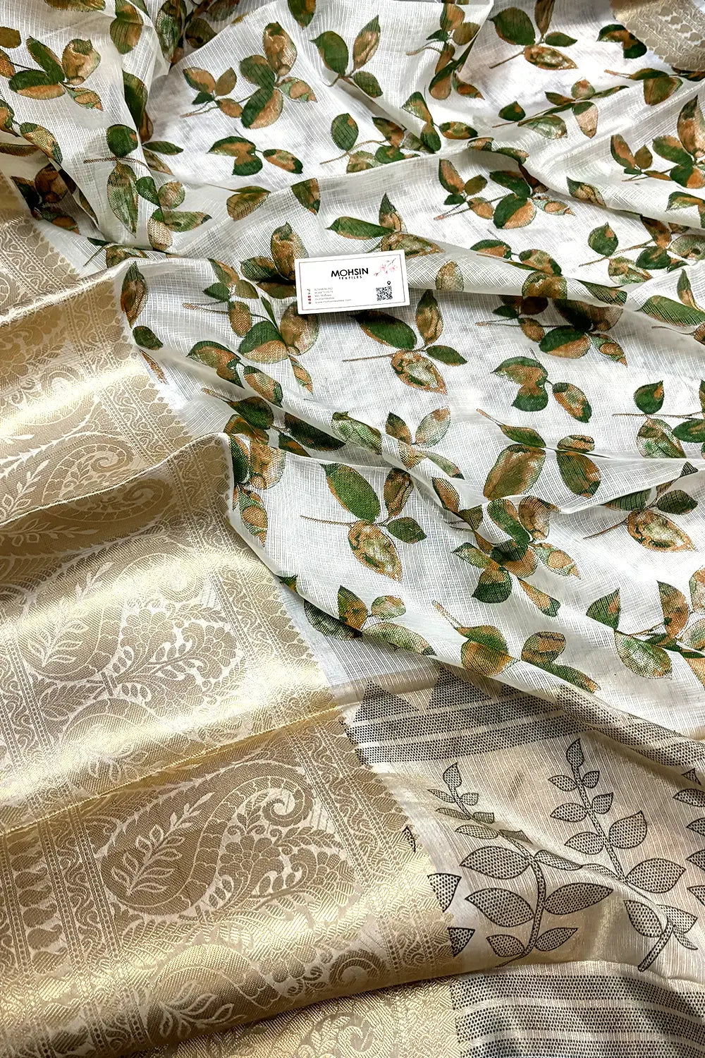White Green Printed Muga Silk Banarasi Saree