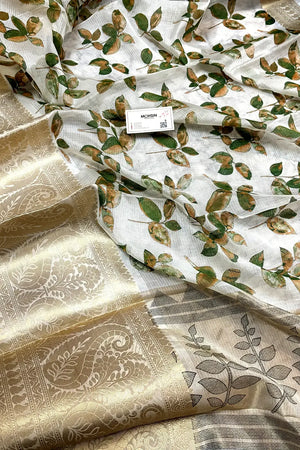 White Green Printed Muga Silk Banarasi Saree