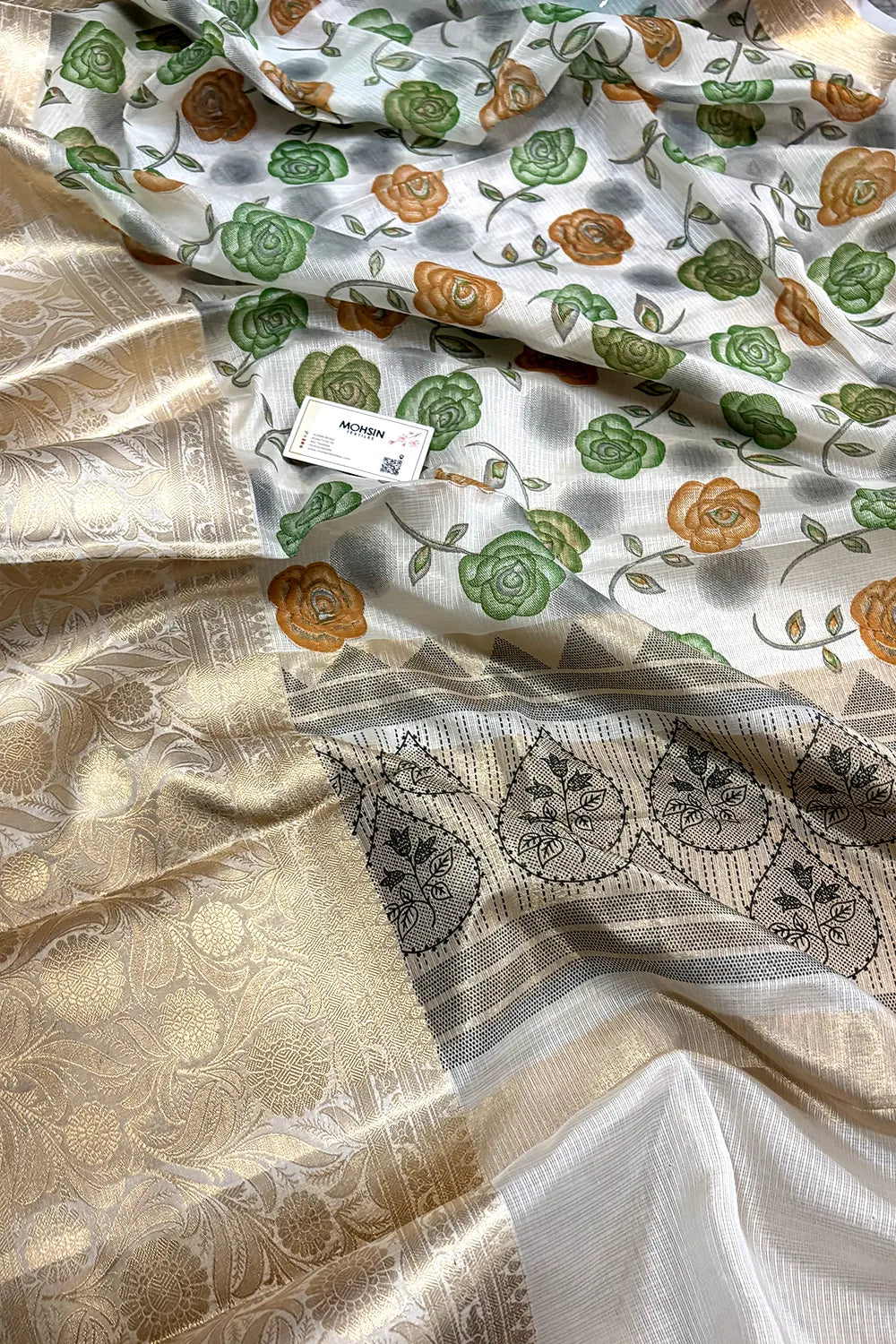 White Green Printed Muga Silk Banarasi Saree
