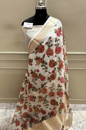 White Green Printed Muga Silk Banarasi Saree