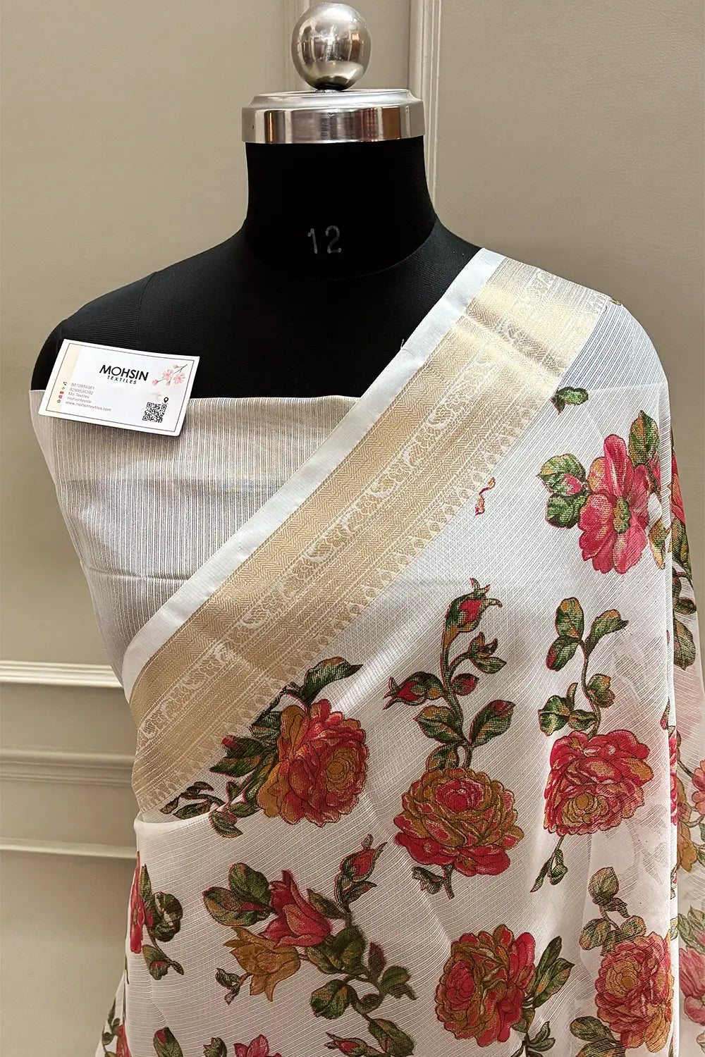 White Green Printed Muga Silk Banarasi Saree