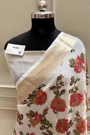 White Green Printed Muga Silk Banarasi Saree