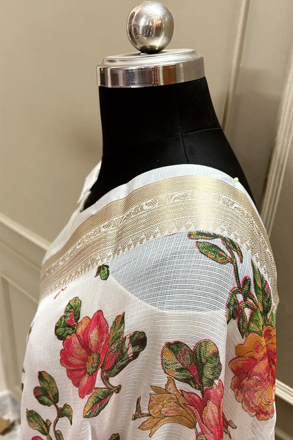 White Green Printed Muga Silk Banarasi Saree